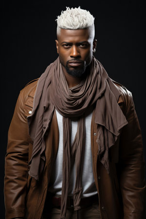 full-length photo in the studio of a dark-skinned handsome guy with white hair and blue eyes standing on a dark background with a serious facial expression in brownの素材