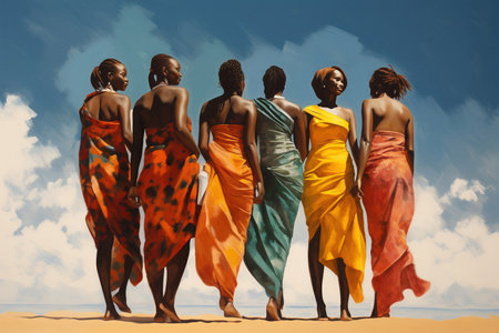 group of friendly ladies standing on the beach, in the style of bold curvesの素材