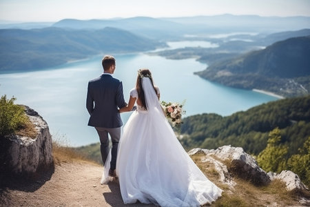 Newly Wedded Bride Groom in mountains. Wedding Day Ceremonyの素材