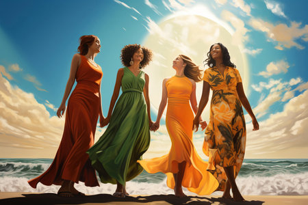 four women pose in a beach, in the style of bold curves, low-angle, joyful and optimistic, multicultural, close upの素材
