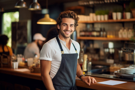Happy young barista standing at cafe counterの素材