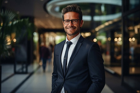 A handsome businessman in a suit and glasses in the office.の素材