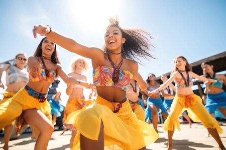Group of young women dancing in bikinisの素材