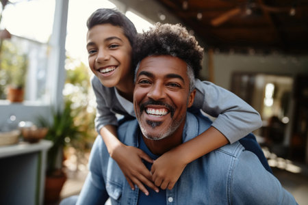 Happy African Black father having fun with teen boy at home.の素材