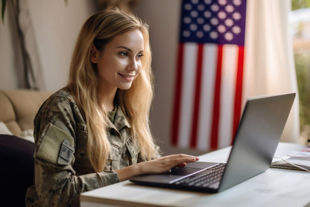 Patriotic female soldier video chatting with her family on a laptopの素材