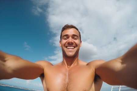 Fitness man taking a fun selfie against the skyの素材