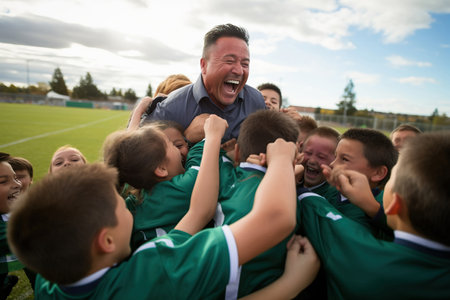 School kids celebrating with their coach on a sports fieldの素材