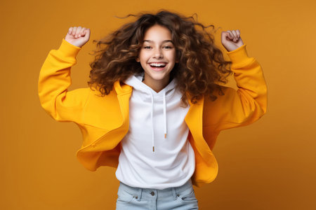 Portrait of jumping teenage girl on color yellow backgroundの素材