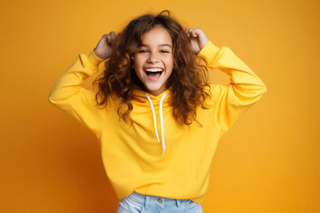 Portrait of jumping teenage girl on color yellow backgroundの素材