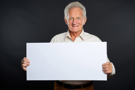 Happy mature man senior holding blank white banner sign, isolated studio portraitの素材