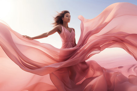 Woman in pink waving dress with flying fabricの素材