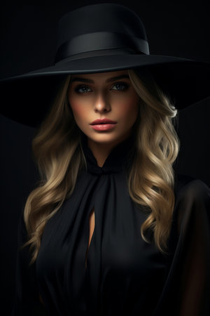 Dramatic dark studio portrait of elegant and sexy young woman in black wide hat and black dressの素材