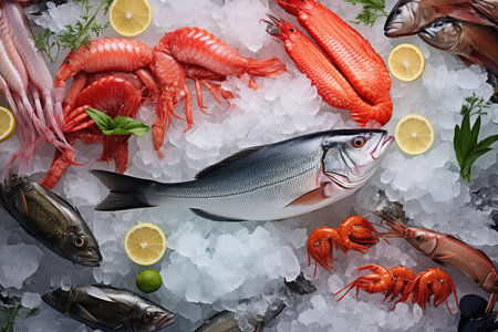 top view of variety of fresh fish and seafood on iceの素材