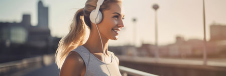 Caucasian sports woman listening to music on headphones outdoorsの素材