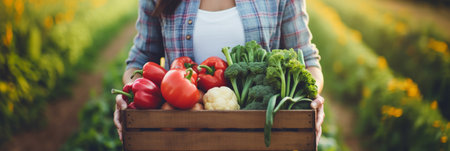 Happy female farmer holding a box with fresh produceの素材