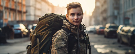 Courageous female soldier returning home from the armyの素材