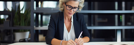 Mature businesswoman writing in her diary in an officeの素材