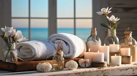 Commercial photography, beauty treatment items for spa procedures on white wooden tableの素材