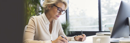 Mature businesswoman writing in her diary in an officeの素材