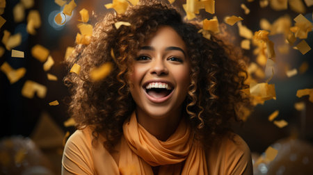 Black woman, excited with gift box and celebration, special event and happinessの素材