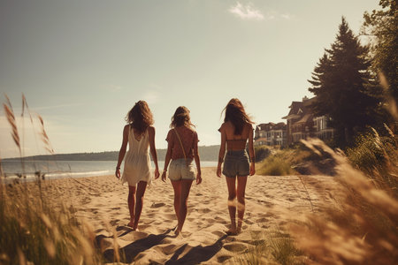 Young friends walking along a beach during summertimeの素材