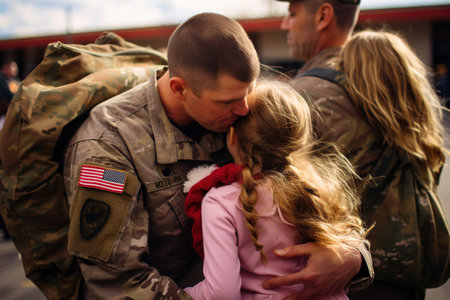 Soldier embracing his wife and kids on his homecomingの素材