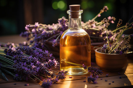 Essential Aromatic oil and lavender flowers, natural remedies, aromatherap.の素材