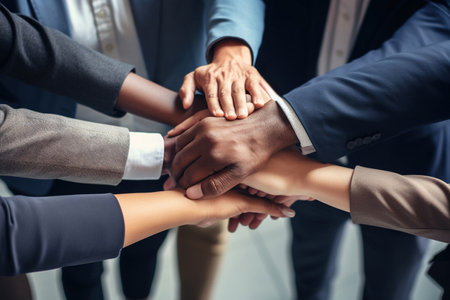 Diverse business team putting their hands together in a huddle of support and motivationの素材