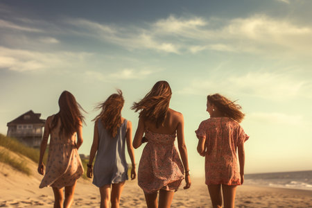 Young friends walking along a beach during summertimeの素材