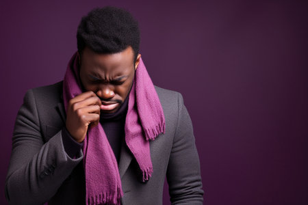 Young African American man with the flu blowing his noseの素材