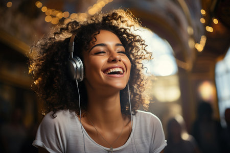 Black happy girl, headphones, scarves, white tee-shirt, she's wearing ripped jeansの素材
