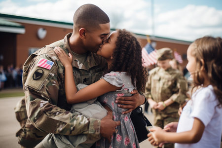 Soldier embracing his wife and kids on his homecomingの素材