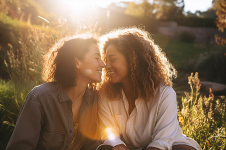 Biracial lesbian couple sitting and embracing in garden at sunsetの素材