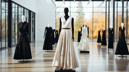 fashion show at a clothing store, in the style of light white and dark black, sparse and simpleの素材