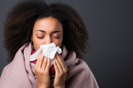 Young African American woman with the flu blowing her nose 423abacc-ac8d-4597-97df-496bcc8f3ea6-standard-scale-3 20xの素材