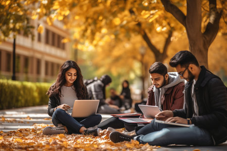 Young people studying in college campusの素材