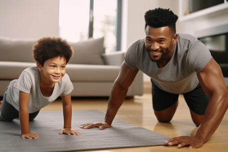 African american young dad teaching teen son learning doing morning exercises at home.の素材