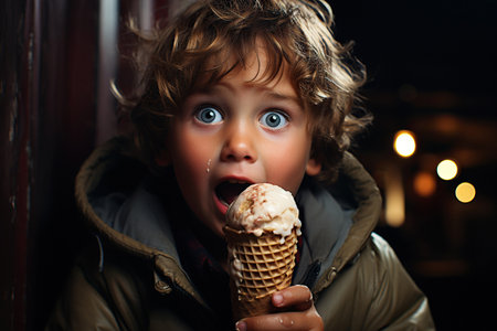 young boy holding an ice cream coneの素材