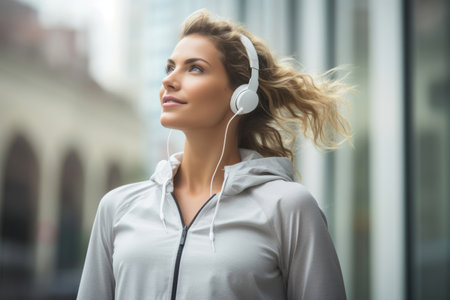 Caucasian sports woman listening to music on headphones outdoorsの素材