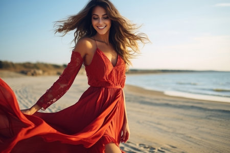 Attractive woman in red dress dancing on the beachの素材