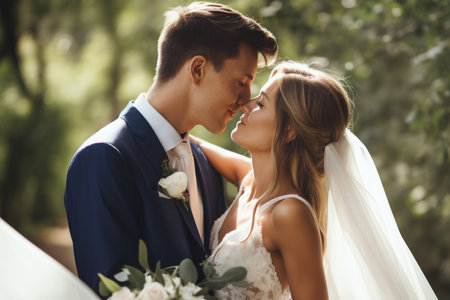Affectionate bride and groom kissing on their wedding dayの素材