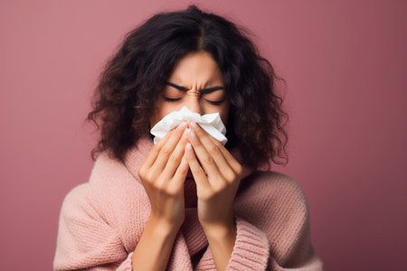 Young Latin man with the flu blowing her nose using a tissueの素材