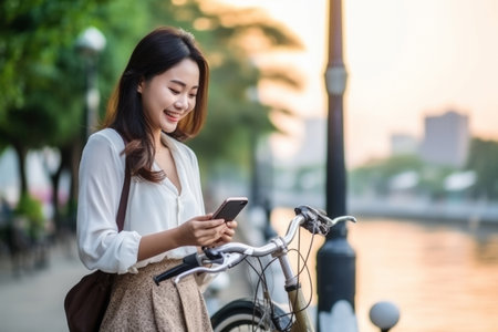 Asian business woman holding smartphone using bike rental digital phone app scanning qr code to rent electric bicycle in city public eco transport mobile application standing on urban park on sunsetの素材