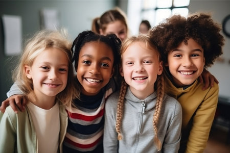 Happy diverse junior school students children group looking at camera standing in classroom. Smiling multiethnic cool kids boys and girls friends posing for group portrait togetherの素材