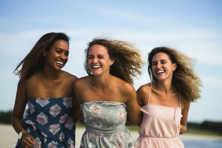 Happy female friends standing on beach waterの素材