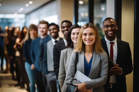 Cheerful job applicants standing in a waiting areaの素材