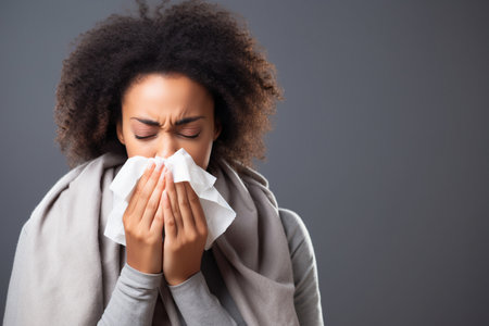 Young African American woman with the flu, blowing her nose using a tissueの素材