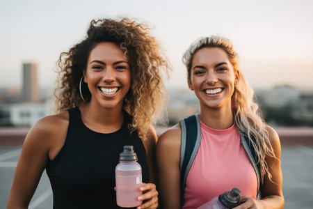 Cheerful women relaxing during a workout sessionの素材