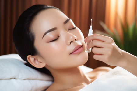Asian woman with closed eyes applying skin tonic to her cheek with dropper capの素材