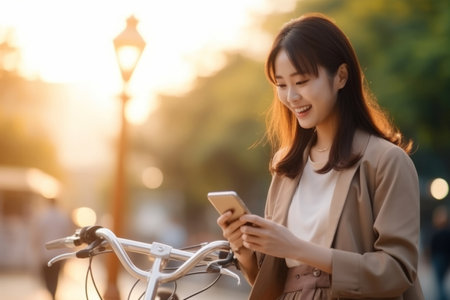 Asian business woman holding smartphone using bike rental digital phone app scanning qr code to rent electric bicycle in city public eco transport mobile application standing on urban park on sunsetの素材